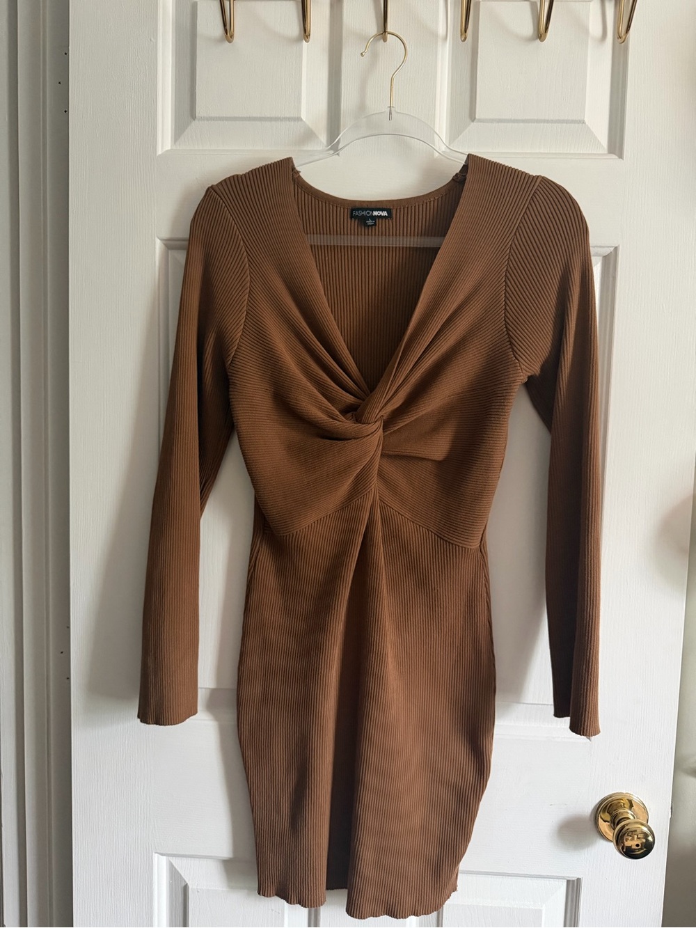 Fashion Nova Brown Twist-Front Ribbed Long-Sleeve Dress